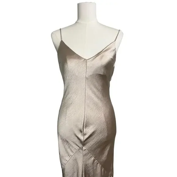 Line & Dot Slip Dress XS Beige Satin Midi Spaghetti Strap Formal 20s 30s Wedding - Picture 2 of 7